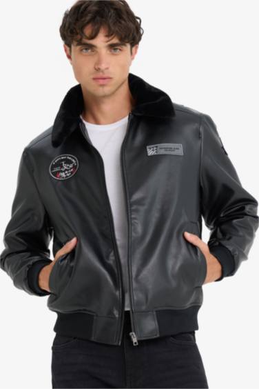 Regular Fit Peluş Yaka Triko Detaylı İç Cepli Suni Deri Pilot Ceket Mont