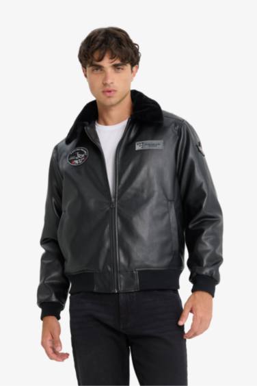 Regular Fit Peluş Yaka Triko Detaylı İç Cepli Suni Deri Pilot Ceket Mont