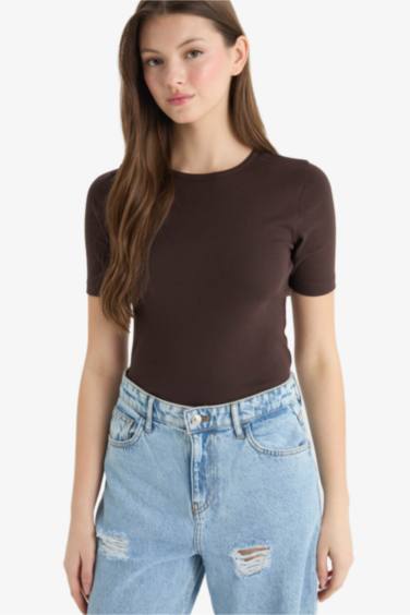 Fitted Crew Neck Basic Ribbed Short Sleeve T-Shirt