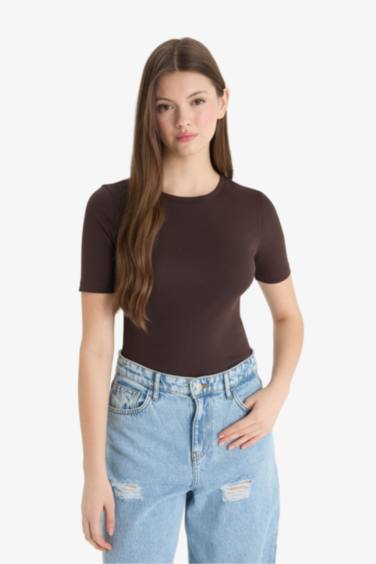 Fitted Crew Neck Basic Ribbed Short Sleeve T-Shirt