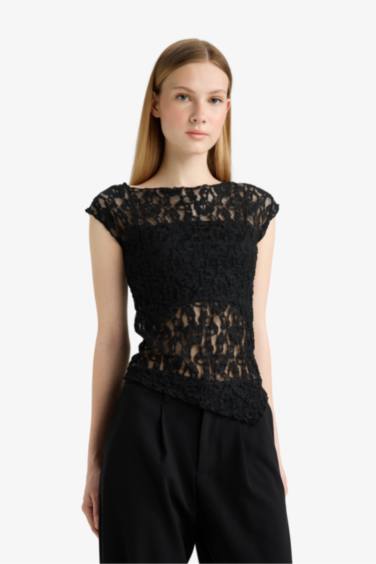 Fitted Round Neck Lace Short Sleeve Blouse