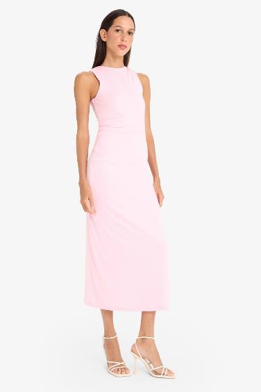 Bodycon Vücudu Saran Kayık Yaka Kısa Kollu Maxi Elbise