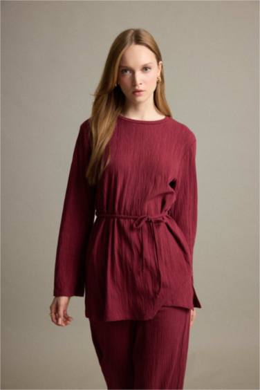 Regular Fit Bisiklet Yaka Bağlamalı Uzun Kollu Tunik