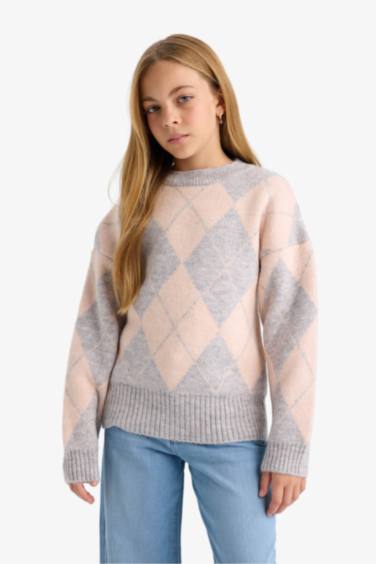 Girl Oversize Fit Printed Crew Neck Knitted Pullover