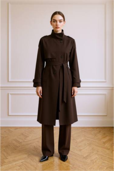 Regular Fit Kemerli Pamuklu Uzun Trençkot