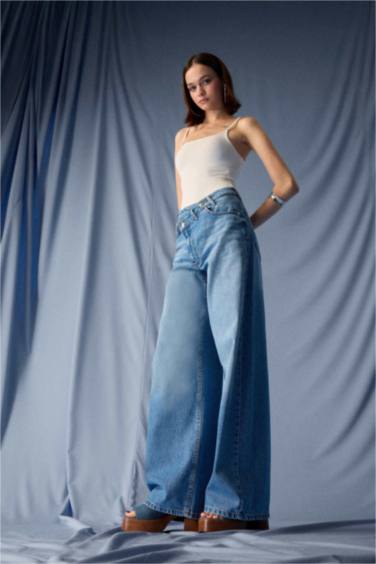 Wide Leg Yüksek Bel Uzun Jean Yıkamalı Pantolon