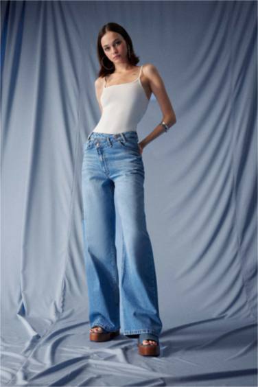 Wide Leg Yüksek Bel Uzun Jean Yıkamalı Pantolon