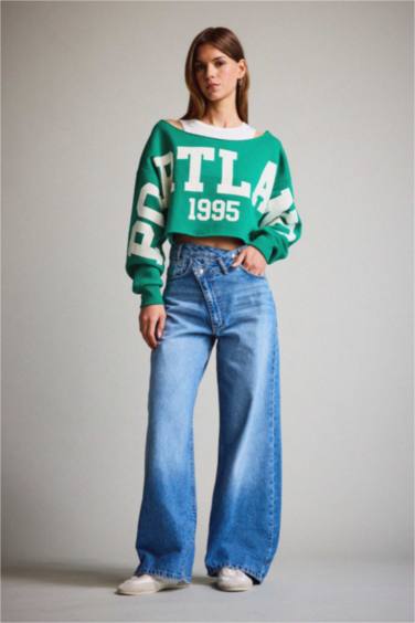 بنطلون جينز وايد ليج برجل واسع بخصر عالي