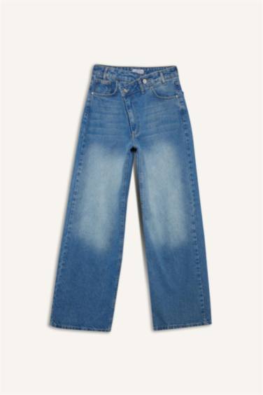 Wide Leg Yüksek Bel Uzun Jean Yıkamalı Pantolon