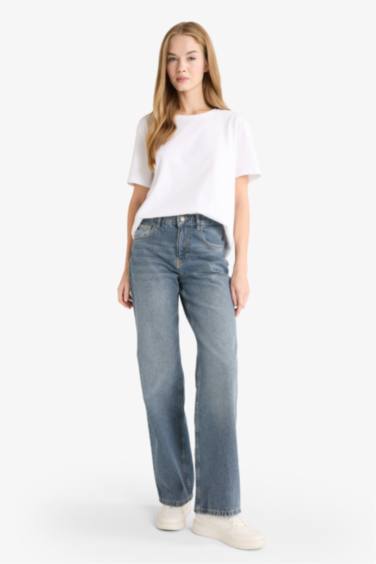 Straight Wide Yüksek Bel Uzun Jean Yıkamalı Pantolon