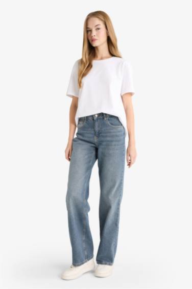 Straight Wide Yüksek Bel Uzun Jean Yıkamalı Pantolon