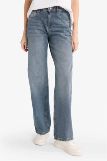 Straight Wide Yüksek Bel Uzun Jean Yıkamalı Pantolon