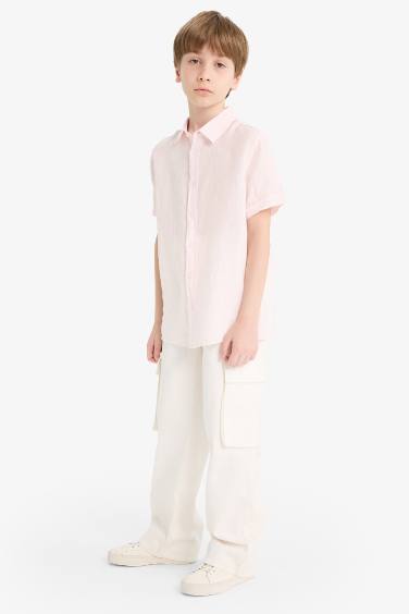 Boy Regular Fit Polo Neck Linen Short Sleeve Shirt