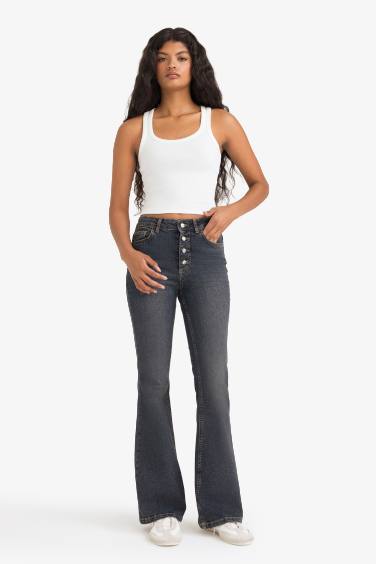 Mia Flare Fit Normal Bel Uzun Jean Yıkamalı Pantolon
