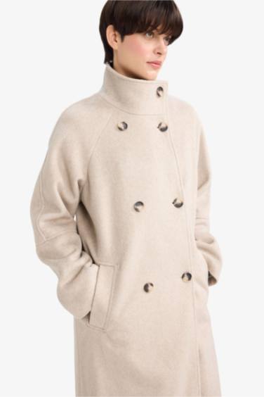 Relax Fit Düğmeli Uzun Kaşe Kaban