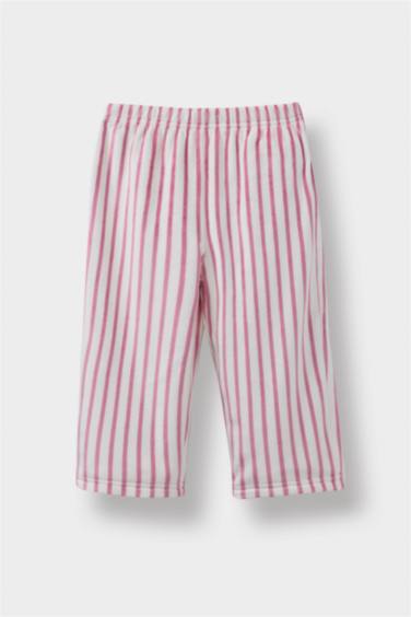 Kız Bebek Pijama Takımı Tavşan Baskılı Uzun Kollu Velur Üst Çizgili  Uzun Alt