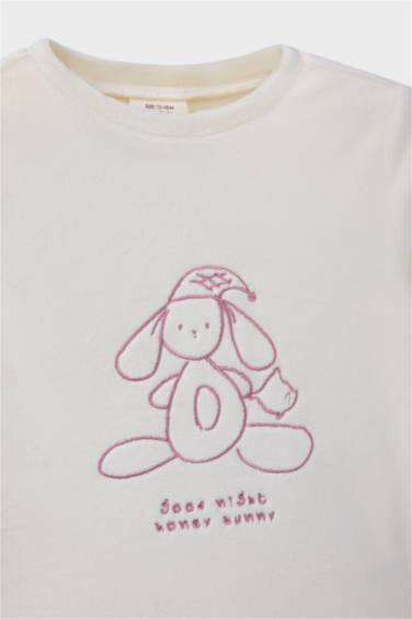 Kız Bebek Pijama Takımı Tavşan Baskılı Uzun Kollu Velur Üst Çizgili  Uzun Alt