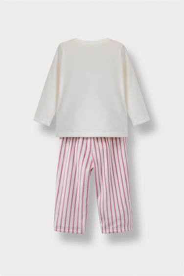 Kız Bebek Pijama Takımı Tavşan Baskılı Uzun Kollu Velur Üst Çizgili  Uzun Alt