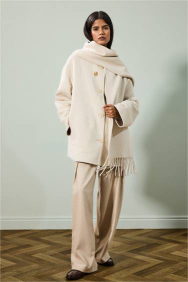Yün Karışımlı Çıkarılabilir Atkılı Relax Fit Düğmeli Kaşe Kaban