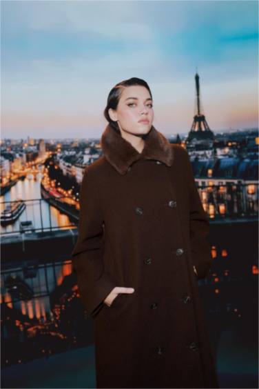 Afra x DeFacto Çıkarılabilir Suni Kürk Yaka Regular Fit Düğmeli Cepli Uzun Kaşe Kaban