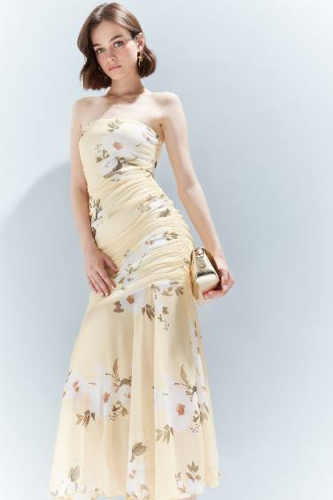 Bodycon Strapless Floral Patterned Tulle Maxi Dress