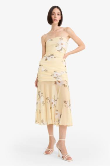 Bodycon Strapless Floral Patterned Tulle Maxi Dress