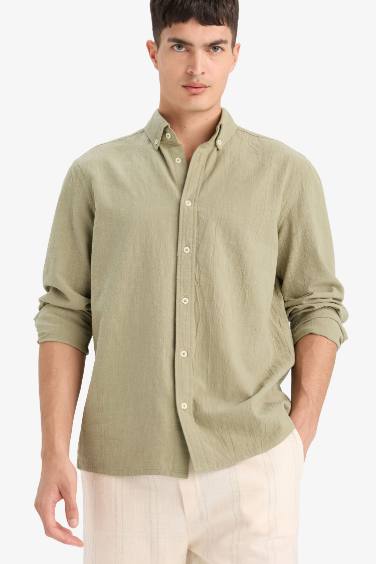 Рубашка с поло-воротником, из хлопка, с длинными рукавами, стандартного кроя