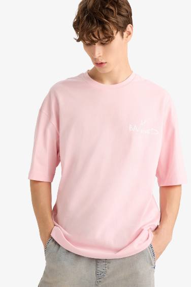 تيشيرت قطن نص كم قصة فضفاضة مطبوع