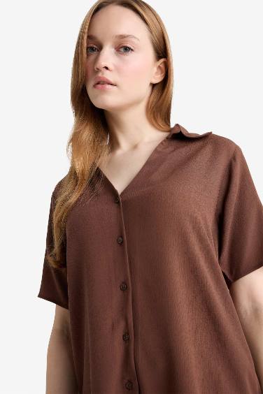 Regular Fit Flap Collar Crinkle Viscose Short Sleeve Shirt