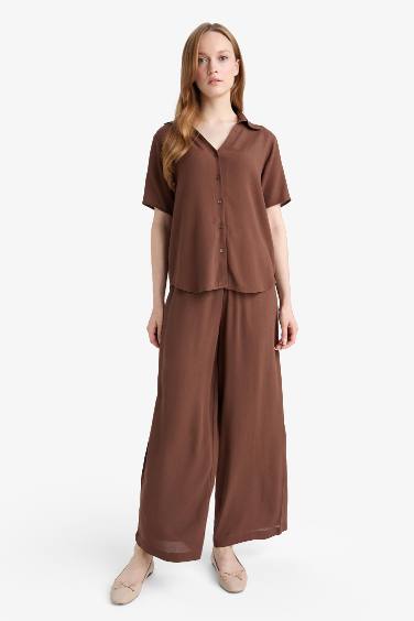 Regular Fit Flap Collar Crinkle Viscose Short Sleeve Shirt