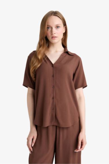 Regular Fit Flap Collar Crinkle Viscose Short Sleeve Shirt