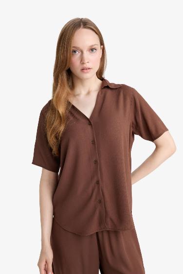 Regular Fit Flap Collar Crinkle Viscose Short Sleeve Shirt