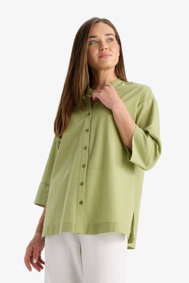 Regular Fit Apaş Yaka Flamlı Pamuk Uzun Kollu Gömlek