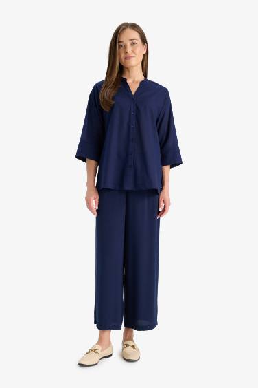 قميص قطن ردن طويل قصة عادية بياخة مستديرة