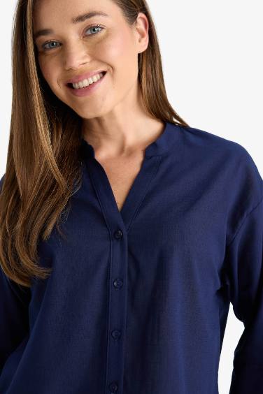 قميص قطن ردن طويل قصة عادية بياخة مستديرة