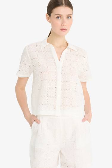 Regular Fit Shirt Collar Embroidered Short Sleeve Shirt