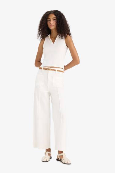 Regular Fit Pocketed High Waist Gabardine Trousers