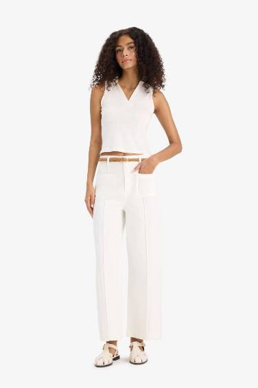 Regular Fit Pocketed High Waist Gabardine Trousers