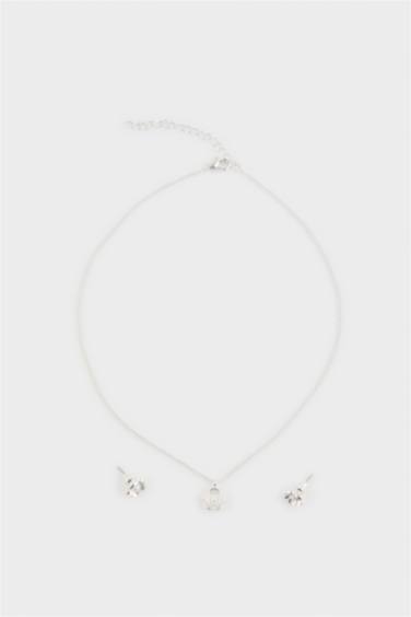 Kadın Çiçekli Silver Kolye Küpe Seti