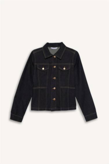 %100 Pamuk Düğmeli Cep Detaylı Denim Ceket - Görsel 9