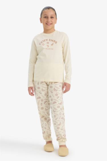 Kız Çocuk Pijama Takımı Baskılı Uzun Kollu Üst Desenli Uzun Alt