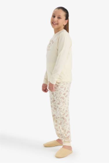 Kız Çocuk Pijama Takımı Baskılı Uzun Kollu Üst Desenli Uzun Alt