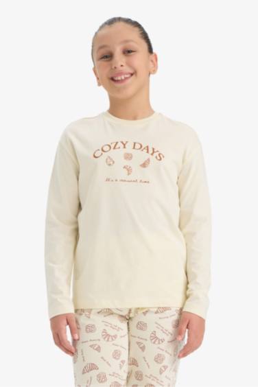 Kız Çocuk Pijama Takımı Baskılı Uzun Kollu Üst Desenli Uzun Alt