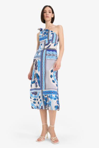 Fall in Love Regular Fit Tropical Patterned One Shoulder Poplin Beach Dress