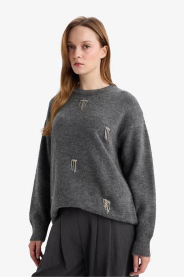 بلوز صوف تريكو قصة عادية بأحجار