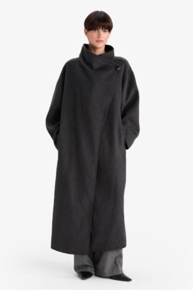 Regular Fit Düğmeli Uzun Kaşe Kaban