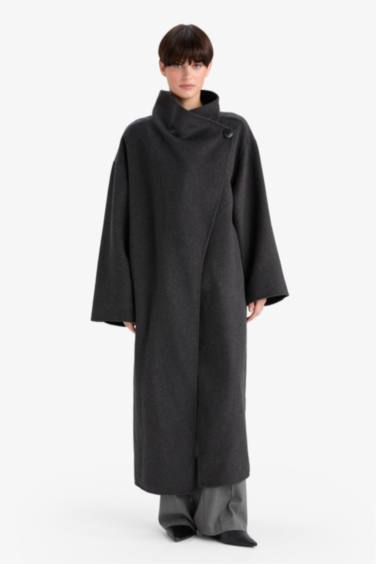 Regular Fit Düğmeli Uzun Kaşe Kaban