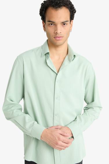 Regular Fit Polo Yaka Dokuma Uzun Kollu Gömlek