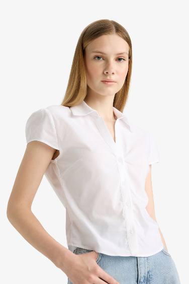 Coool Fitted Poplin Kısa Kollu Beyaz Gömlek
