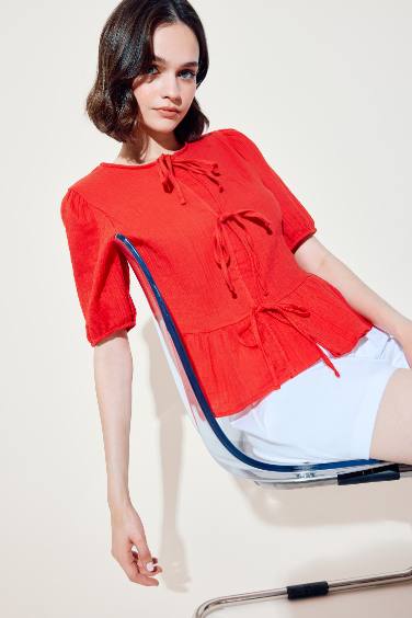 Regular Fit Crew Neck Tie Front Textured Red Blouse